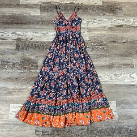 Angie Boho Maxi Dress Navy Floral Print Tiered Skirt Tie Front Festival S - Picture 1 of 6